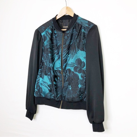Trina Turk floral jacquard black and emerald green bomber jacket - Picture 4 of 12